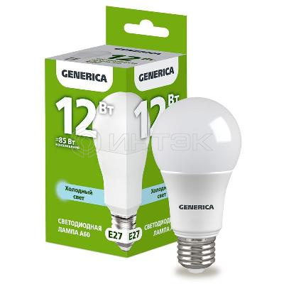 Лампа светодиодная A60 12Вт грушевидная 6500К E27 230В GENERICA LL-A60-12-230-65-E27-G изображение, фото