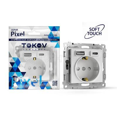 Розетка 1-м СП Pixel IP20 с заземл. с 2-мя заряд. устр. USB тип A+C механизм айс TOKOV ELECTRIC TKE-PX-R1U2AC-C34 изображение, фото