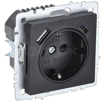 Розетка BRITE РЮш11-1-БрЧ 16А с USB A+C 18Вт с заземл. защ. шторки механизм черн. IEK BR-R14-16-U22-018-K02 изображение, фото