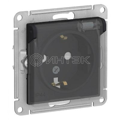 Розетка 1-м СП AtlasDesign Aqua 16А IP44 с заземл. защ. шторки с прозр. крышкой механизм карбон  Systeme Electric ATN441046 изображение, фото
