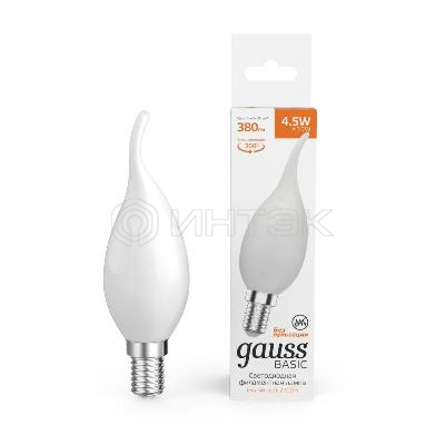 Лампа светодиодная филаментная Basic Filament 4.5Вт Свеча на ветру 2700К Е14 380лм milky GAUSS 1045115 изображение, фото