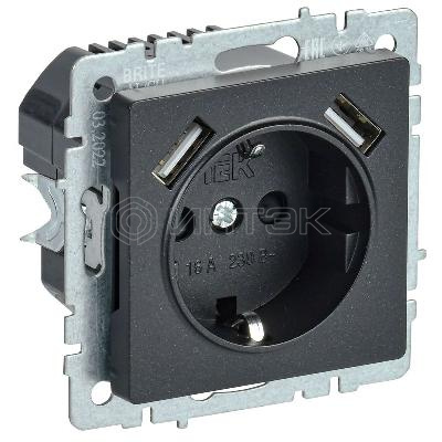 Розетка BRITE РЮш10-2-БрЧ 16А с USB A+A 3.1А с заземл. защ. шторки механизм черн. IEK BR-R14-16-U21-D31-K02 изображение, фото