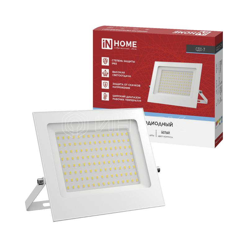 Прожектор светодиодный СДО-7 100Вт 6500К IP65 230В бел. IN HOME 4690612064307 изображение, фото