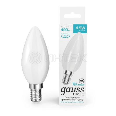 Лампа светодиодная филаментная Basic Filament 4.5Вт Свеча 4100К Е14 400лм milky GAUSS 1035125 изображение, фото