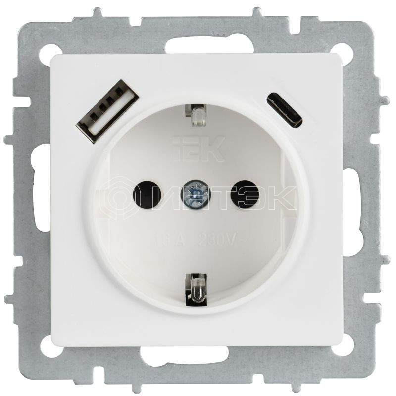 Розетка BRITE РЮш11-1-БрАБ 16А с USB A+C 18Вт с заземл. защ. шторки механизм арктич. бел. IEK BR-R14-16-U22-018-K91 изображение, фото
