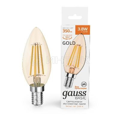 Лампа светодиодная филаментная Basic Filament 3.8Вт Свеча 2400К Е14 350лм golden GAUSS 1037154 изображение, фото
