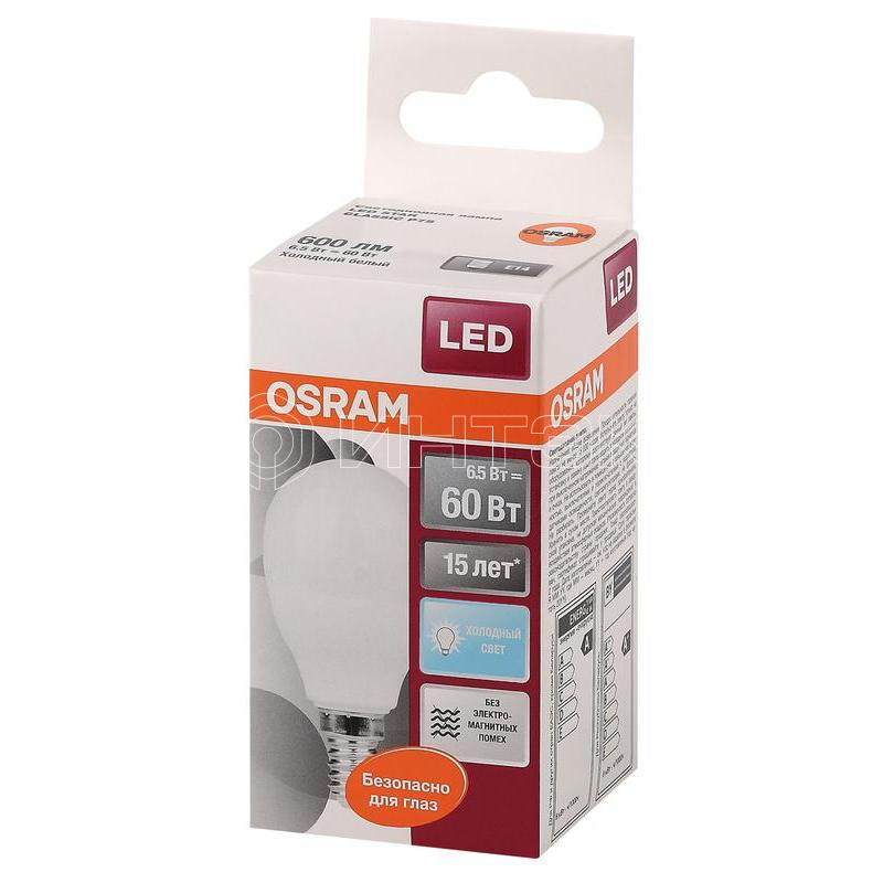 Лампа светодиодная LED Star Classic P 60 6.5W/840 6.5Вт шар матовая 4000К нейтр. бел. E14 550лм 220-240В пластик. OSRAM 4058075134263 изображение, фото