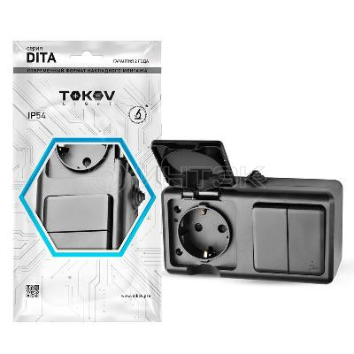 Блок ОП Dita (розетка 16А 250В с заземл. + 2-кл. выкл. 10А) IP54 карбон TOKOV ELECTRIC TKL-DT-V2RZ-C14-IP54 изображение, фото