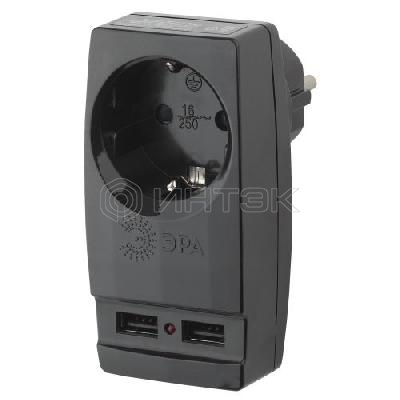 Адаптер 1-м с заземл. Polynom SP-1e-USB-B 220В 2хUSB 2100мА черн. Эра Б0026333 изображение, фото