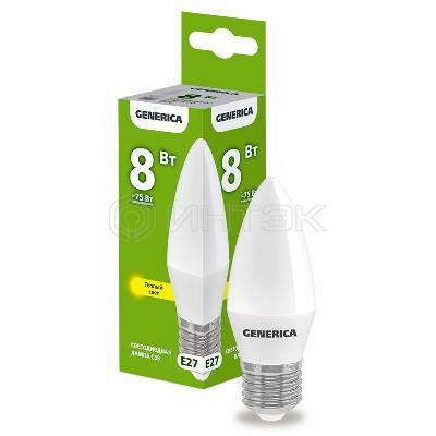 Лампа светодиодная C35 8Вт свеча 3000К E27 230В GENERICA LL-C35-08-230-30-E27-G изображение, фото