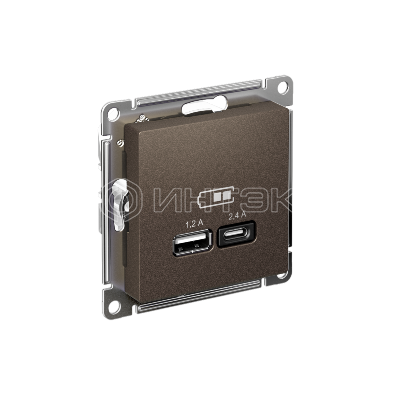 Розетка USB AtlasDesign тип A+C 5В/2.4А 2х5В/1.2А механизм мокко Systeme Electric ATN000639 изображение, фото