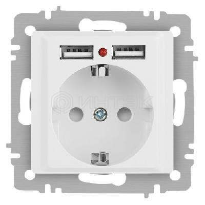 Розетка 1-м СП Accent 6-410-01М 16А IP20 250В P+E Schuko защ. шторки + 2хUSB бел. матов. Intro Б0063691 изображение, фото