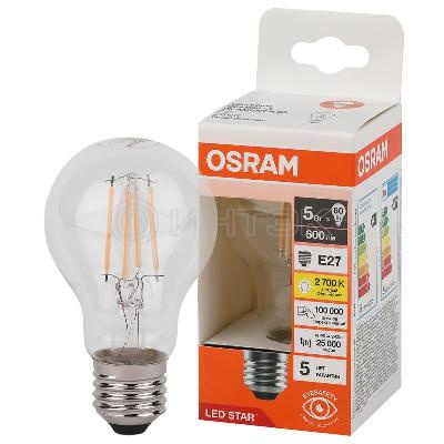 Лампа светодиодная филаментная LSCLA60 5W/827 230VFILCL 5Вт 2700К тепл. бел. E27 600лм A угол пучка 300град. 220-240В (замена 60Вт) прозр. стекло OSRAM 4058075683921 изображение, фото