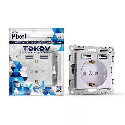 Розетка 1-м СП Pixel IP20 с заземл. с 2-мя заряд. устр. USB тип A+A механизм перламутр. TOKOV ELECTRIC TKE-PX-R1U2A-C04 изображение, фото