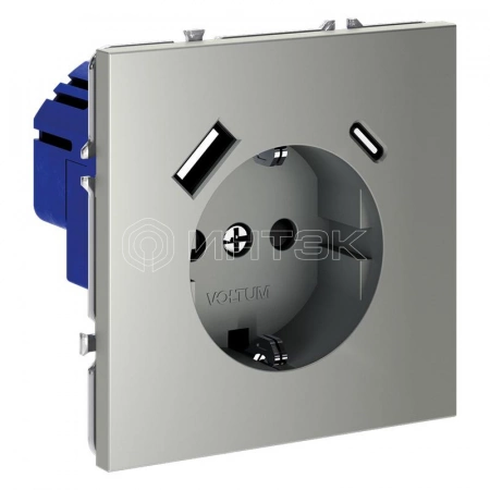 Розетка 1-м СП S70 16А с USB A+С с заземл. защ. шторки механизм сталь Voltum VLS040505 изображение, фото