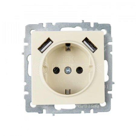 Розетка BRITE РЮш10-2-БрКр 16А с USB A+A 3.1А с заземл. защ. шторки механизм беж. IEK BR-R14-16-U21-D31-K10 изображение, фото