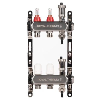 Коллектор Royal Thermo нерж. в сборе с расходомерами 1quot; ВР-3/4quot; НР с автомат. воздухоотвод-ми 2 вых. изображение, фото