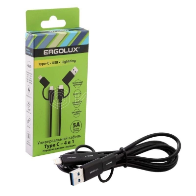 Кабель 4 в 1 USB/Type C-Type C/Lightning 5А 60Вт 1.2м З+ПД коробка черн. Ergolux 15248 изображение, фото