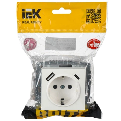 Розетка BRITE РЮш11-1-БрБ 16А с USB A+C 18Вт с заземл. защ. шторки механизм бел. IEK BR-R14-16-U22-018-K01 изображение, фото