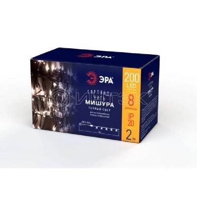 Гирлянда светодиодная "Нить Мишура" 3.9м 200LED 220В IP20 зел. провод тепл. свет ЭРА Б0047970 изображение, фото