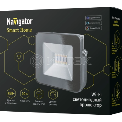 Прожектор светодиодный 14 559 Smart Home NFL-20-RGBWWW-BL-WIFI-IP65-LED 20Вт IP65 1600лм Wi-Fi черн. Navigator 14559 изображение, фото