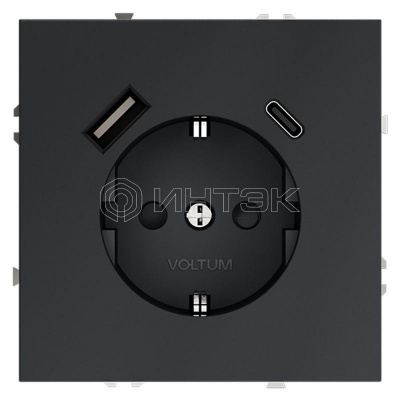 Розетка 1-м СП S70 16А с USB A+С с заземл. защ. шторки механизм графит Voltum VLS040507 изображение, фото