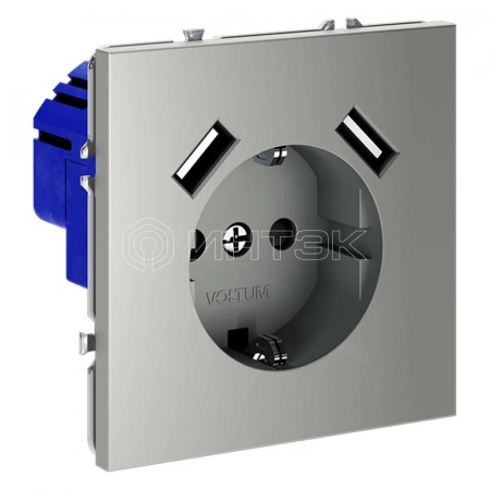 Розетка 1-м СП S70 16А с USB A+A с заземл. защ. шторки механизм сталь Voltum VLS040405 изображение, фото