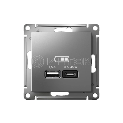 Розетка USB AtlasDesign тип A+C 45Вт QC PD высокоскор. ЗУ механизм сталь Systeme Electric ATN000929 изображение, фото
