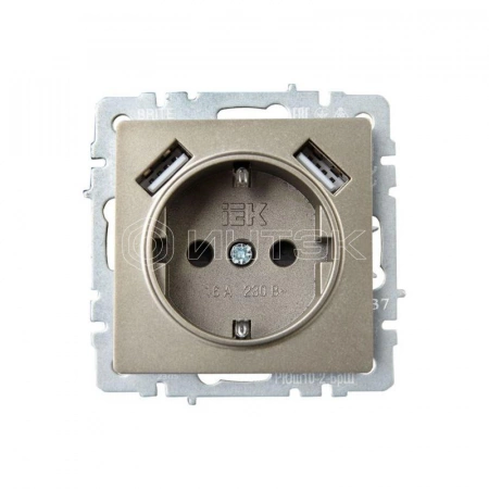 Розетка BRITE РЮш10-2-БрШ 16А с USB A+A 3.1А с заземл. защ. шторки механизм шампань IEK BR-R14-16-U21-D31-K37 изображение, фото
