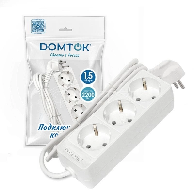 Удлинитель 3х1.5м с заземл. 10А IP20 2.2кВт ПВС 3х0.75 бел. DOMTOK 2373 изображение, фото