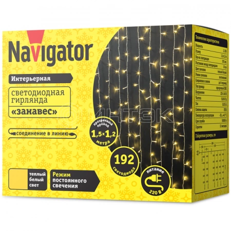 Гирлянда светодиодная 61 857 NGF-C01-192WW-10-1.5х1.2m-230-TR-IP20 Navigator 61857 изображение, фото