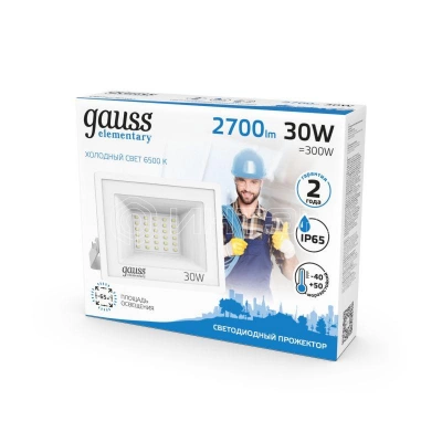 Прожектор светодиодный Elementary 30Вт 6500К IP65 2700лм 200-240В ДО бел. GAUSS 613120330 изображение, фото