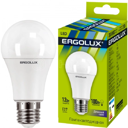 Лампа светодиодная LED-A60-12W-E27-6500K 12Вт грушевидная 6500К холод. бел. E27 180-240В ЛОН Ergolux 12880 изображение, фото