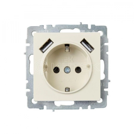 Розетка BRITE РЮш10-1-БрКр 16А с USB A+A 2.1А с заземл. защ. шторки механизм беж. IEK BR-R14-16-U21-D21-K10 изображение, фото