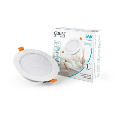 Светильник светодиодный Basic Downlight 5Вт 4000К IP20 400лм 170-260В 95х26 круг монтаж бел. GAUSS 9030420205 изображение, фото