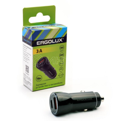 Адаптер автомобильный ELX-CA01-C02 1USB + 1Type C 12В 5В/3А LED коробка черн. ERGOLUX 15106 изображение, фото