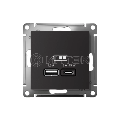 Розетка USB AtlasDesign тип A+C 45Вт QC PD высокоскор. ЗУ механизм карбон Systeme Electric ATN001029 изображение, фото