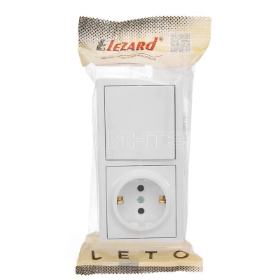 Блок ОП LETO (1-кл. выключатель + 1-м розетка с заземл.) горизонт. бел. LEZARD 752-0200-170BAP изображение, фото