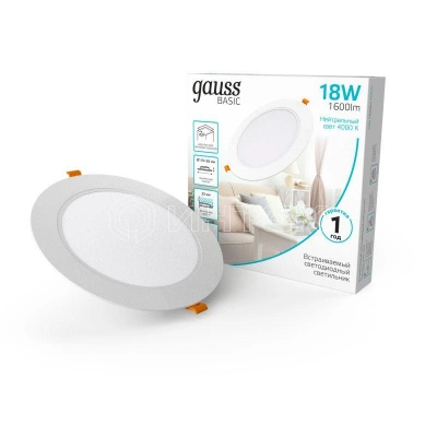Светильник светодиодный Basic Downlight 18Вт 4000К IP20 1600лм 170-260В 170х26 круг бел. GAUSS 9030420218 изображение, фото