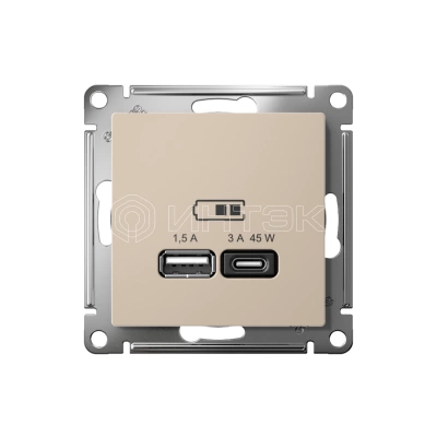 Розетка USB AtlasDesign тип A+C 45Вт высокоскор. ЗУ QC PD механизм песочн. Systeme Electric ATN001229 изображение, фото