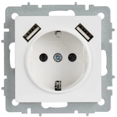 Розетка BRITE РЮш10-1-БрАБ 16А с USB A+A 2.1А с заземл. защ. шторки механизм арктич. бел. IEK BR-R14-16-U21-D21-K91 изображение, фото