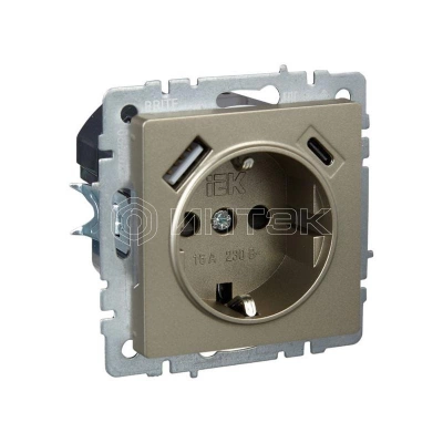 Розетка BRITE РЮш11-1-БрШ 16А с USB A+C 18Вт с заземл. защ. шторки механизм шампань IEK BR-R14-16-U22-018-K37 изображение, фото