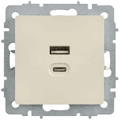 Розетка СП BRITE РЮ11-2-БрКр USB A+C 45Вт высокоскор. заряд. беж. IEK BR-U22-045-K10 изображение, фото