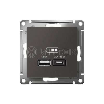 Розетка USB AtlasDesign тип A+C 45Вт высокоскор. ЗУ QC PD механизм базальт Systeme Electric ATN001429 изображение, фото