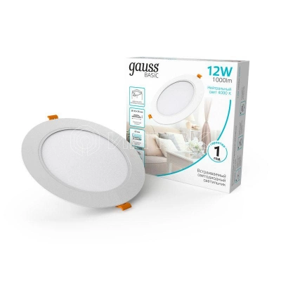 Светильник светодиодный Basic Downlight 12Вт 4000К IP20 1000m 170-260В 145х26 круг бел. GAUSS 9030420212 изображение, фото