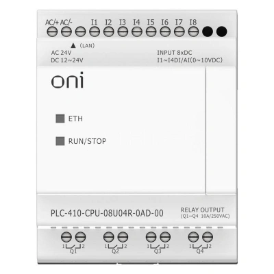Модуль ЦПУ ПЛК 410 4 DI 4 UI (0-10 В/DI) 4 RO 12В-24В DC или 24В AC с Ethernet портом без экрана ONI PLC-410-CPU-08U04R-0AD-00 изображение, фото