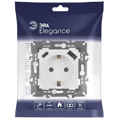 Розетка Elegance 14-4108-01 16A 250В 2P+E защ. шторки с USB type-A+C 3А 5В белый Эра Б0067736 изображение, фото
