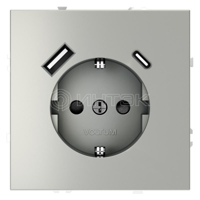Розетка 1-м СП S70 16А с USB A+С с заземл. защ. шторки механизм сталь Voltum VLS040505 изображение, фото