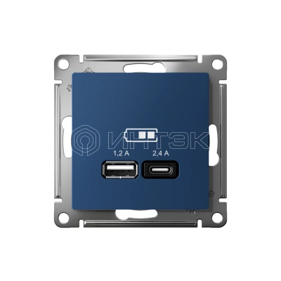 Розетка USB AtlasDesign тип A+C 5В/2.4А 2х5В/1.2А механизм аквамарин Systeme Electric ATN001139 изображение, фото