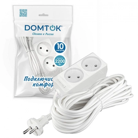 Удлинитель 2х10м без заземл. 10А IP20 2.2кВт ПВС 2х1 бел. DOMTOK 2345 изображение, фото